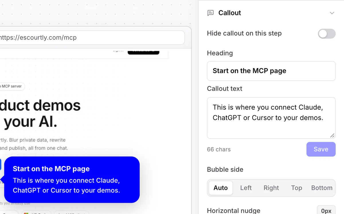 The annotation panel in the editor with a heading and callout text for a step