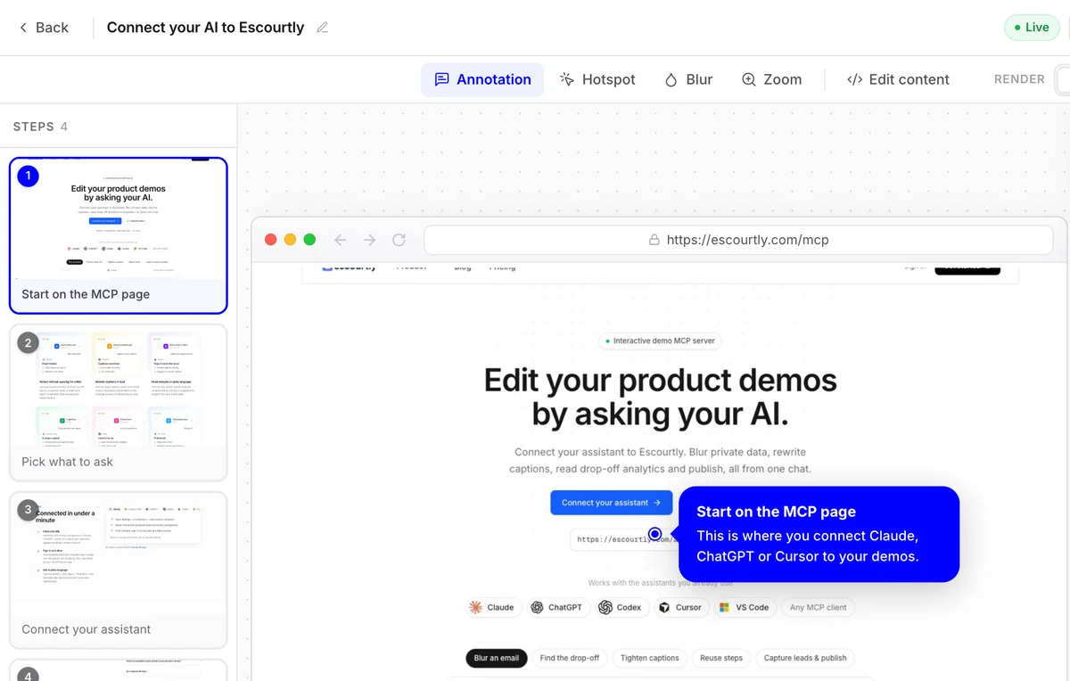 The Escourtly demo editor with a step list, the captured page and a callout
