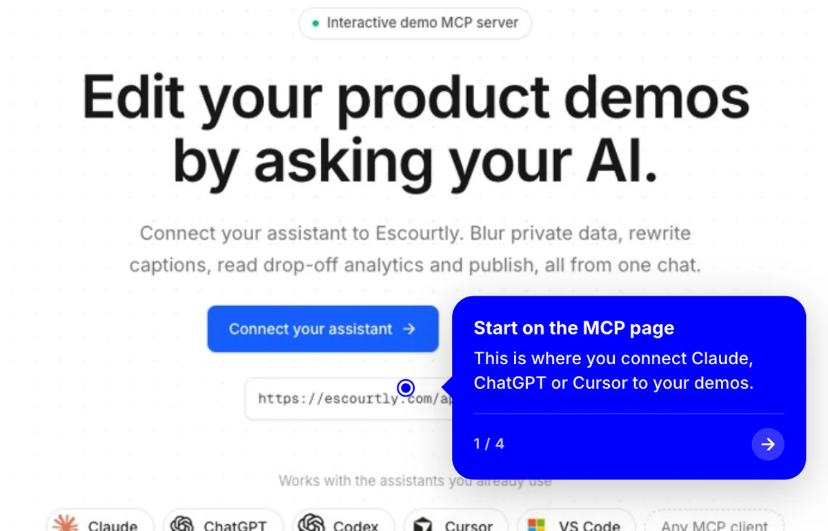 A shared Escourtly demo showing a captured page with a guided callout