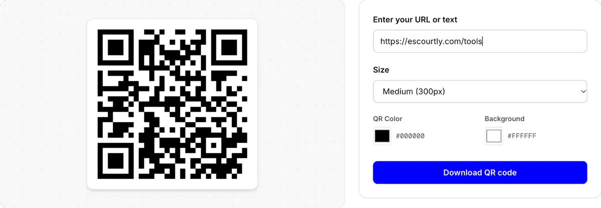 A QR code generated for an Escourtly link