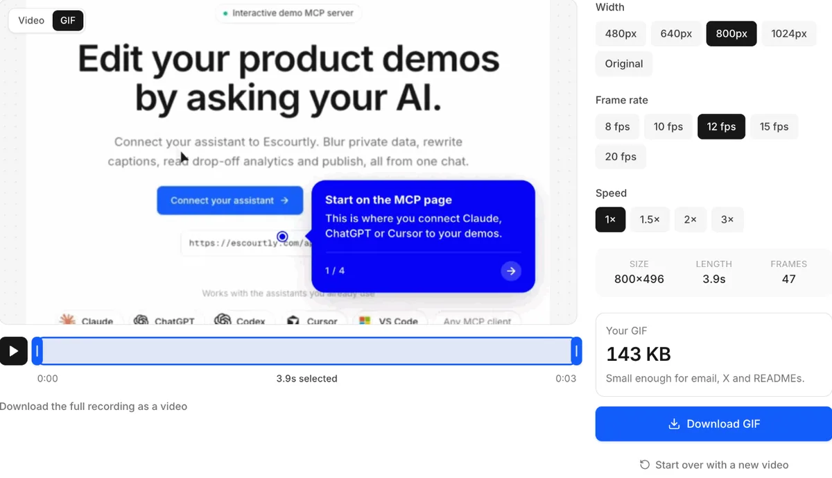 The GIF editor with a trimmed recording and a 143 KB GIF ready to download