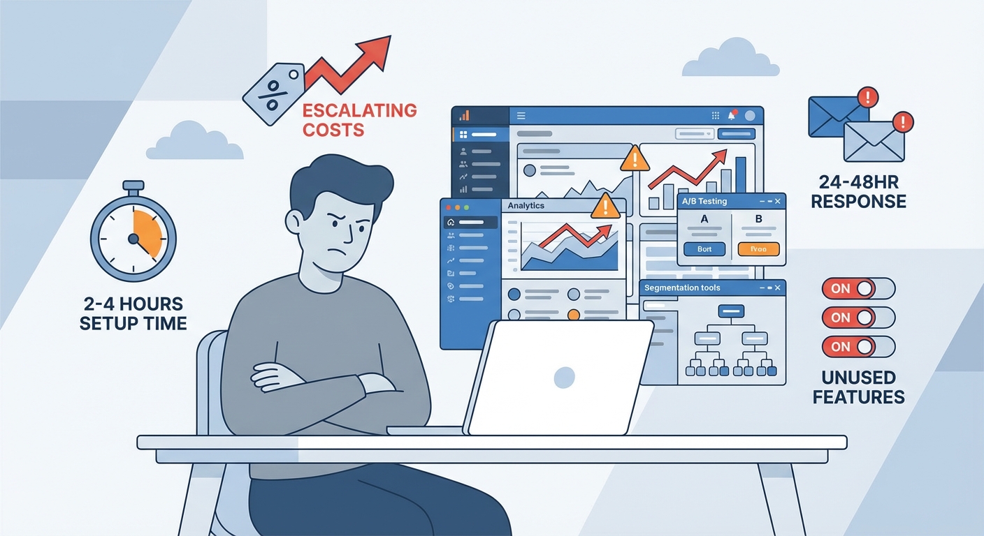 Illustration showing a frustrated founder facing overwhelming complexity, lengthy setup times, escalating costs, slow support responses, and unused features in existing onboarding tools