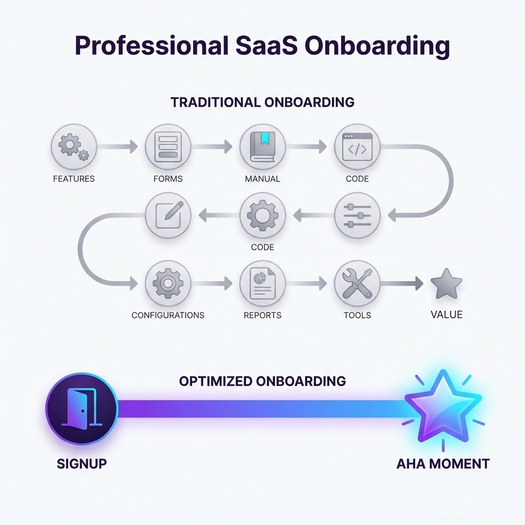 Optimized Onboarding vs Traditional Onboarding diagram showing the direct path to the Aha Moment
